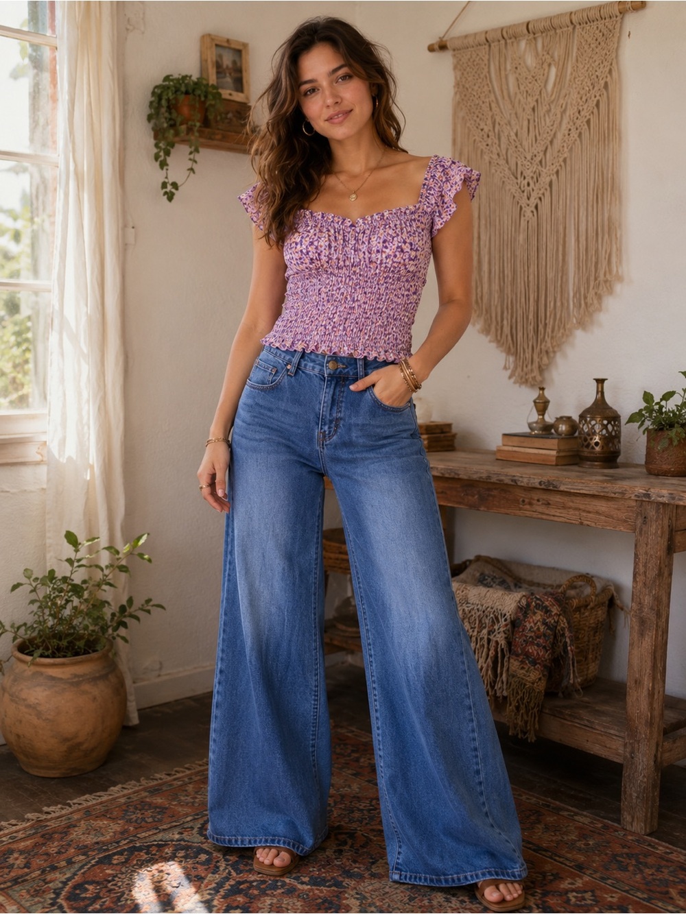 Sexy Fabulous Stretch Wide Leg High Waist Denim Boho Jeans Size 11